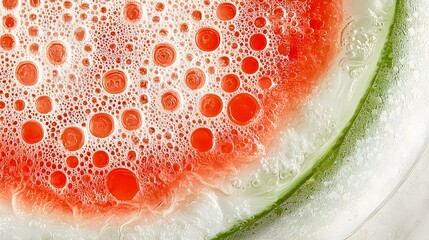 Macro image of juicy watermelon slice surrounded by sparkling bubbles and liquid, ideal for beverage marketing, healthy lifestyle visuals, summer campaigns, and creative digital content.