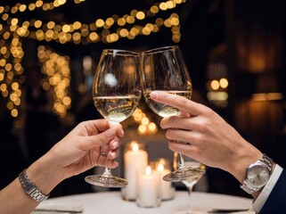 A romantic close-up shot captures a couple's hands toasting with white wine glasses, beautifully illuminated by golden candlelight bokeh in a dimly lit restaurant setting.