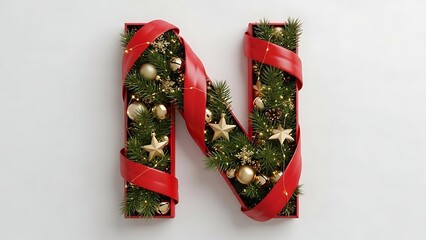 Stylized letter N adorned with festive fir branches, shimmering golden ornaments, and a vibrant red ribbon, creating a beautiful seasonal decoration for holiday designs