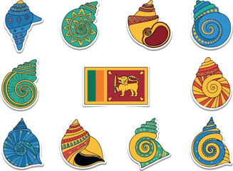 Colorful Seashells with Sri Lankan Flag, Vector Graphic