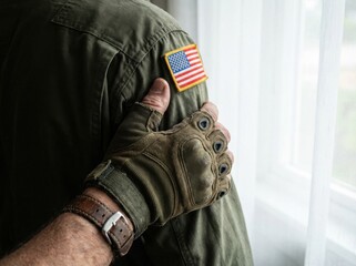 A close-up, supportive shot shows a gloved hand gripping the olive green uniform shoulder of a veteran wearing an american flag patch, illuminated by bright window light indoors.