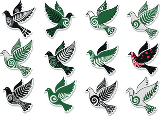 Collection of Decorative Bird Vector Illustrations with Swirling Patterns and Artistic Flair