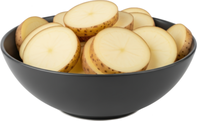 Sliced raw potatoes displayed in a dark grey bowl showcasing their creamy interior and speckled brown skins against a stark background sliced potato potato slices