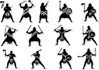 Silhouetted Warriors in Dynamic Poses with Weapons