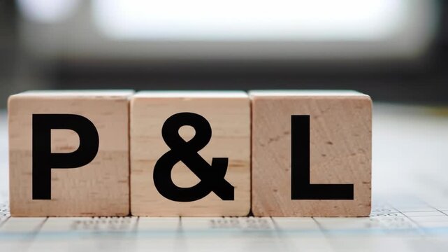 Wooden blocks spelling P and L, representing profit and loss on a blurred document surface under bright studio lights. Business and finance concept.