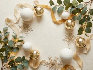 A sophisticated flat lay composition of neutral christmas ornaments and eucalyptus branches arranged as an elegant, festive border on a creamy studio background.