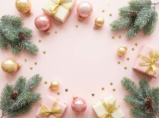 A soft pastel pink flat lay composition beautifully frames christmas gifts, golden ornaments, and fir branches, creating an elegant holiday background.