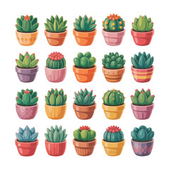 Colorful Cartoon Cactus and Succulent Houseplants in Decorative Pots Illustration Bundle
