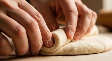 Close-up of hands rolling dough on a wooden surface with a shallow depth of field.