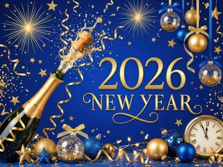 A festive graphic design captures a champagne bottle popping its cork near shimmering gold 2026 text, complemented by blue and gold ornaments against a luxurious deep blue background.