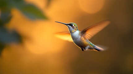 Naklejka premium Ruby-throated hummingbird in flight against blurry golden background