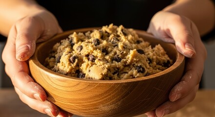 A person holds a wooden bowl of homemade cookie dough with chocolate chips on a table.