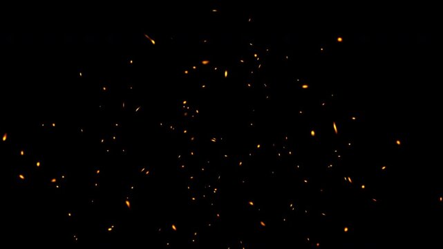 Flying fire sparks and glowing ember particles on dark background. Burning hot orange fire ash. Floating fireflakes. Heat flame debris. Burning fire Elements, Fire Dust Overlay Animation. 4K Loop