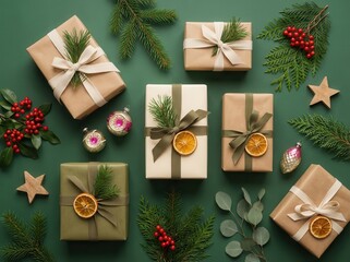 A cozy, festive flat lay composition of rustic christmas presents decorated with natural sprigs and dried orange slices, captured from a top view on a deep emerald green background.