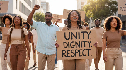 Diverse group of black people marching in peaceful protest with signs advocating for civil rights
