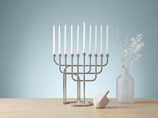 A minimalist studio still life features a modern silver hanukkiah with unlit white candles and a wooden dreidel, conveying a serene holiday mood against a light blue backdrop.