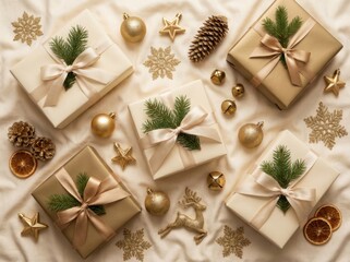 Beautifully arranged christmas presents wrapped in golden ribbon and adorned with pine sprigs and festive ornaments, captured in a warm, elegant flat lay composition against a soft beige textile.