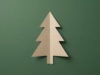 A minimalist, earthy brown paper christmas tree, crafted and centered in a clean flat lay composition, rests on a deep forest green background.