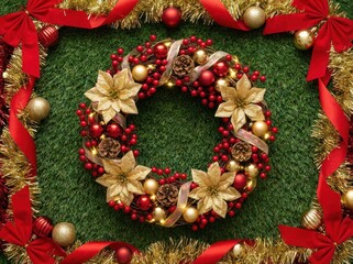 A vibrant overhead flat lay captures a luxurious christmas wreath, richly adorned with red berries and gold poinsettias, celebrating the festive season against a dark green backdrop.