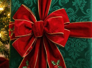 A close-up view highlights the luxurious texture of a festive christmas present, featuring a prominent deep red velvet bow against rich green damask paper.