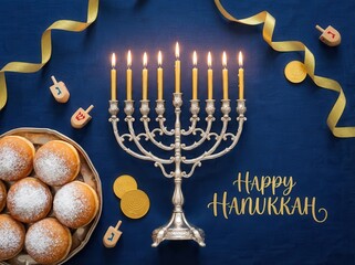 This festive flat lay features a silver menorah with nine lit candles, surrounded by traditional sufganiyot and dreidels, glowing warmly against a deep blue studio background for hanukkah.