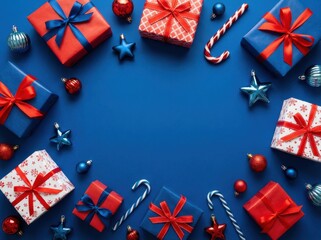 Festive red and blue christmas gifts and ornaments frame a central copy space in this vibrant top view flat lay on a royal blue background.
