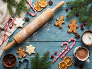 This cozy holiday flat lay features a wooden rolling pin and gingerbread men ready for baking, artfully arranged with fir branches and candy canes on a rustic blue wooden background.