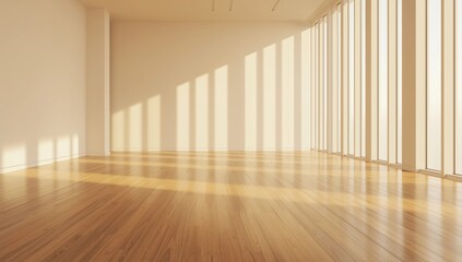 large room, wide open Clean white wall and wood grain floor with sun light into the room.3D rendering