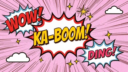 Dynamic Pop Art Comic Panel Illustration with Explosive Onomatopoeia, Featuring 'WOW!', 'KA-BOOM!', and 'DING!' in a Retro Style, Conveying Excitement and Impact