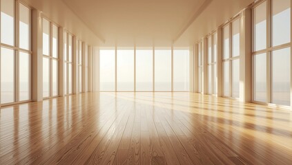 large room, wide open Clean white wall and wood grain floor with sun light into the room.3D rendering