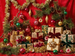 Stacked christmas gifts, adorned with green pine branches and sparkling golden tinsel, create a rich, festive studio display against a deep red background.