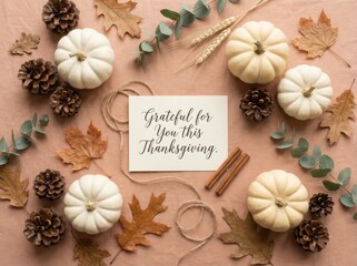 A cozy, warm autumnal flat lay features white miniature pumpkins, dried leaves, and pine cones surrounding a handwritten thanksgiving greeting card on a blush pink background.