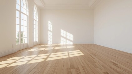 Obraz premium large room, wide open Clean white wall and wood grain floor with sun light into the room.3D rendering