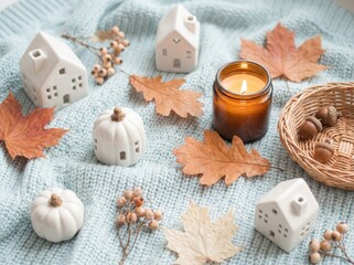 A warm and cozy autumnal flat lay featuring miniature white ceramic houses, a glowing candle, and dried leaves arranged on a soft blue knitted blanket.