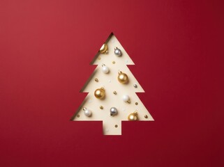 A minimalist flat lay showcases a festive christmas tree cutout decorated with shiny gold and silver ornaments against a rich red paper background.