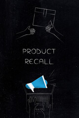 product recall megaphone with customer and manufacturer box exchange illustration
