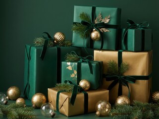 A luxurious stack of deep emerald green and gold christmas presents is elegantly arranged with festive ornaments in this modern studio still life against a dark backdrop.