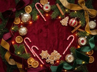 A cozy, high-contrast christmas flat lay showcases festive ornaments and gingerbread cookies framed by luxurious velvet ribbons on a deep red background.