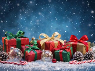 A magical studio shot captures vibrant red and green christmas presents arranged on a snowy surface with candy canes, set against a deep blue background with heavy falling snow.