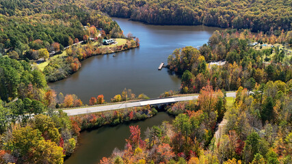Aerial view of fall colors in mountains
