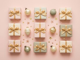 A minimalist flat lay composition of elegant pastel pink and mint gift boxes with gold ribbons and vintage christmas baubles, neatly arranged on a soft pink background.
