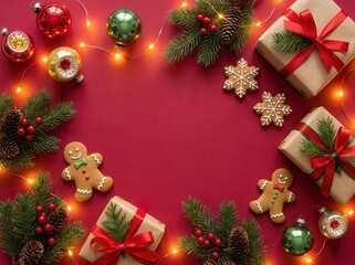 This warm and joyful flat lay of festive christmas decorations, featuring gingerbread men, glowing string lights, and wrapped gifts, frames central copy space on a vibrant red background.