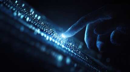 Conceptualizing the future of digital interaction with a glowing hand touching advanced data streams and innovation