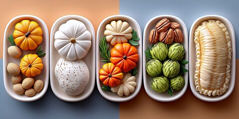Assorted serving dishes shaped like pumpkins and vegetables