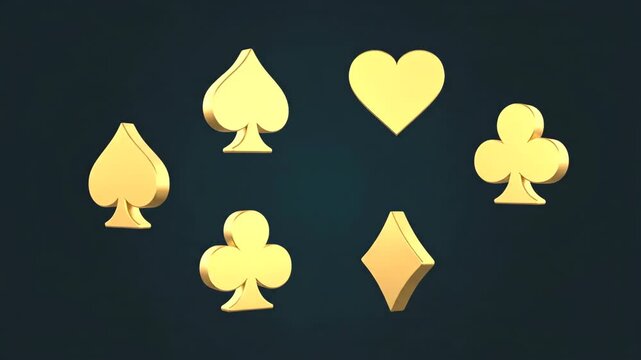 Luxurious golden 3D card suits symbols slowly rotating in a seamless loop animation