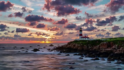 lighthouse silhouette at dusk, orange sunset over crashing ocean waves | travel, nature, serenity, coastal, peace theme