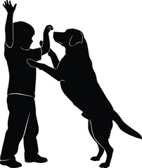 Black silhouette of a young child playing and interacting with a large happy dog, featuring a boy and a Labrador standing on hind legs, isolated on white background