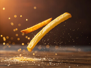Golden Crispy Curly Fry Floating Against a Warm Blurred Background