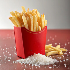 Delicious French Fries in Red Carton with Scattered Salt