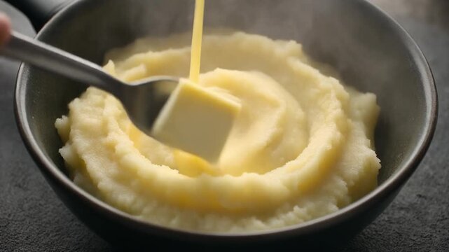 top view shot of melted butter poured over fluffy mashed potatoes creating rich creamy texture